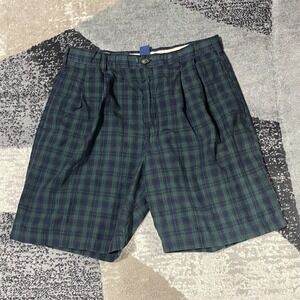 Chaps Ralph Lauren Shorts Men 33 Green Blue Blackwatch Plaid Pleated Fits 31"